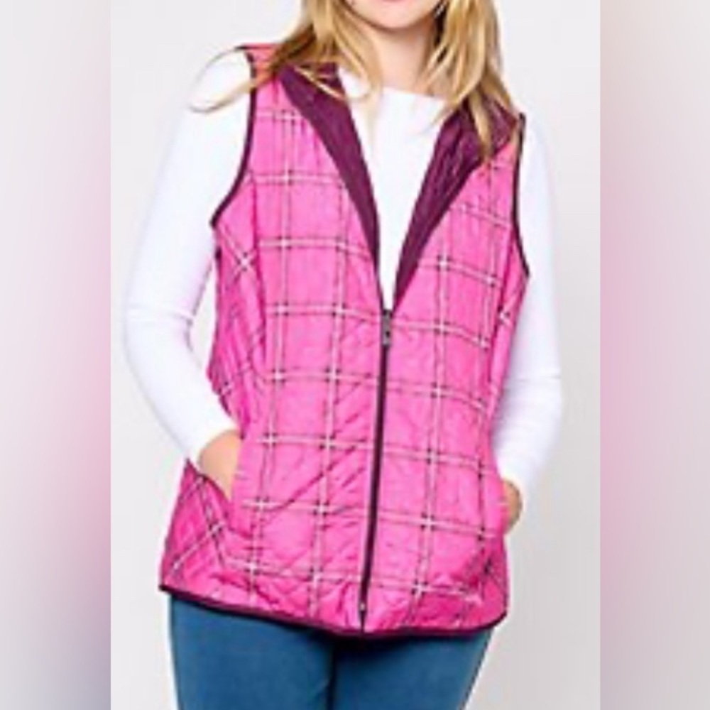 NEW - Belle by Kim Gravel Reversibelle Mad for Plaid Print Zip Vest A619596. Med